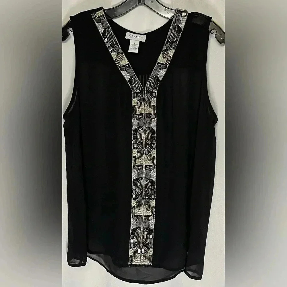 Carmen Marc Valvo sheer sleeveless art‎ deco embellished top